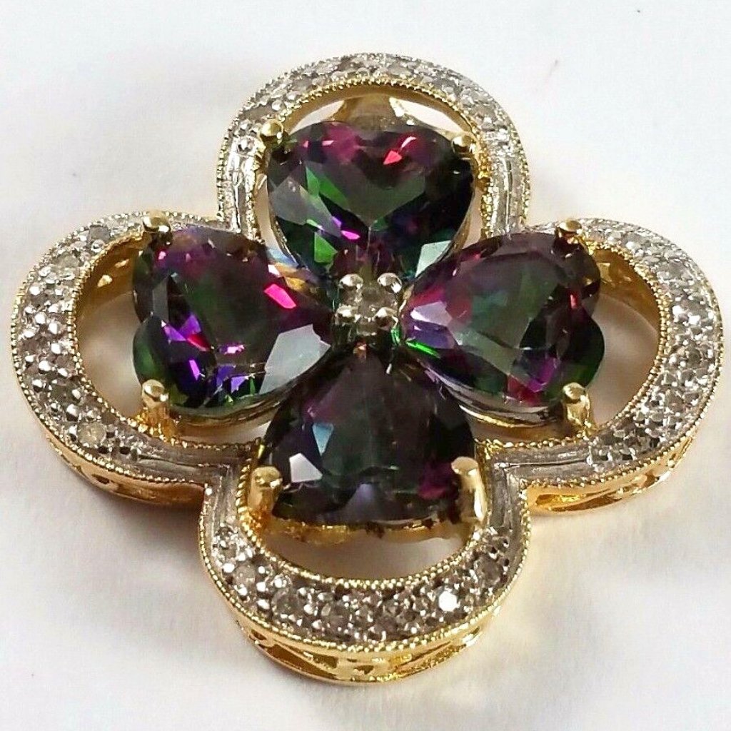 Beautiful 10k Two Tone Gold Pendant Charm W/ Purple Crystal Gemstones & Diamonds